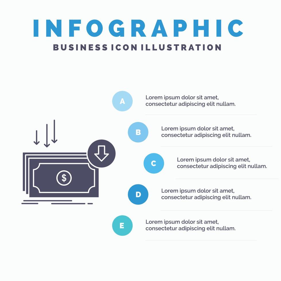 negocio. costo. Corte. gastos. Finanzas. plantilla de infografía de dinero para sitio web y presentación. icono de glifo gris con ilustración de vector de estilo infográfico azul.