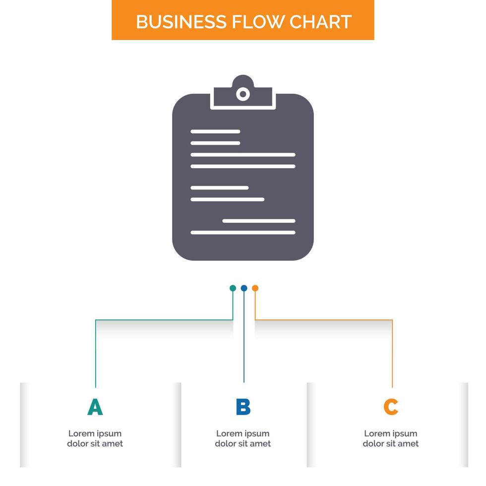 report. medical. paper. checklist. document Business Flow Chart Design with 3 Steps. Glyph Icon For Presentation Background Template Place for text. vector