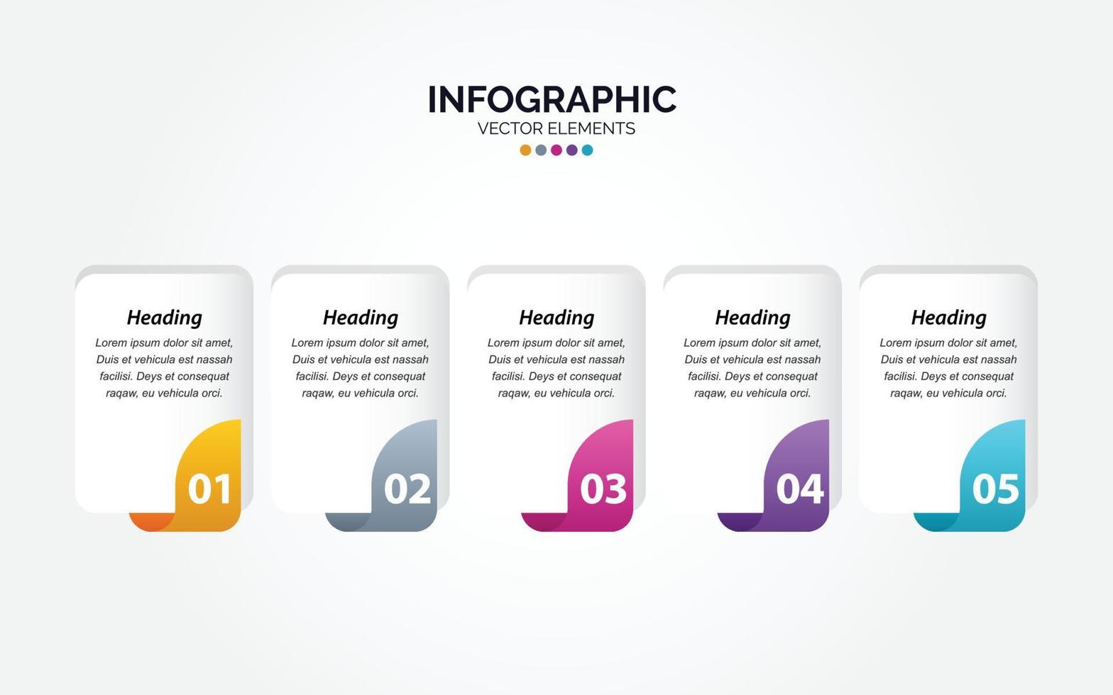 Carpeta de plantilla colorida de diseño vectorial de marketing comercial infográfico horizontal 5 opciones o pasos en un estilo mínimo. vector