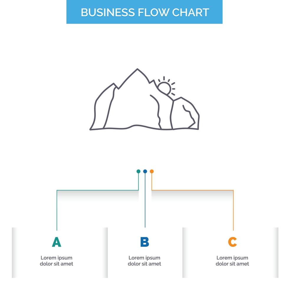 Cerro. paisaje. naturaleza. montaña. diseño de diagrama de flujo de negocios de escena con 3 pasos. icono de línea para el lugar de plantilla de fondo de presentación para texto vector