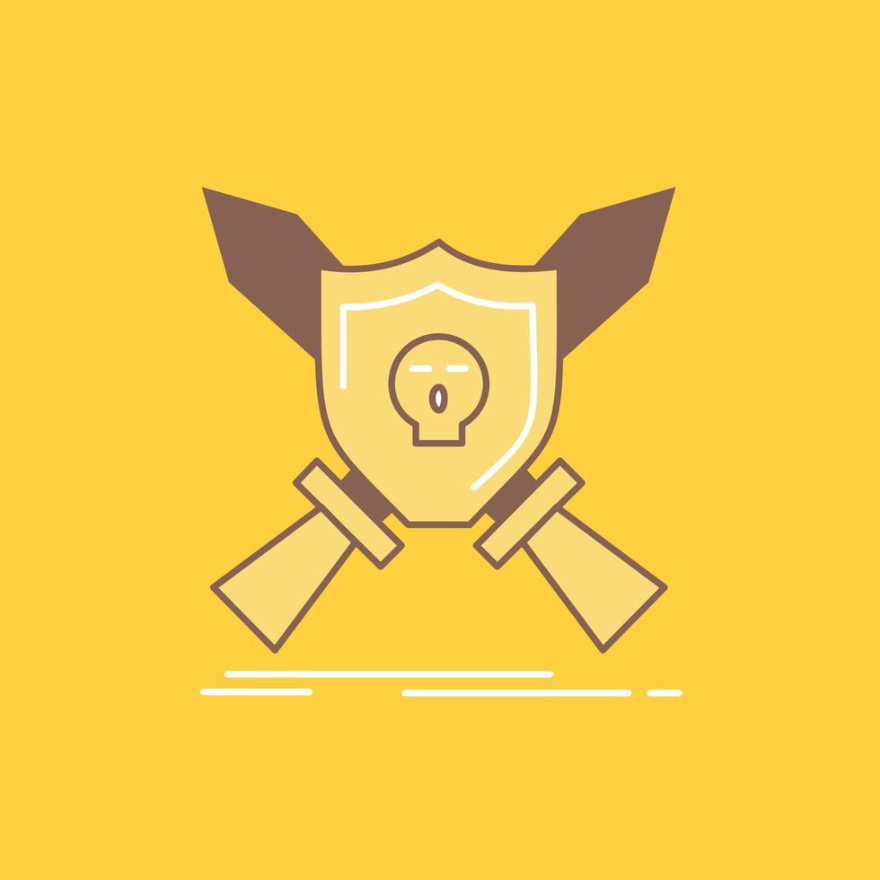 Badge. emblem. game. shield. swords Flat Line Filled Icon. Beautiful Logo button over yellow background for UI and UX. website or mobile application vector