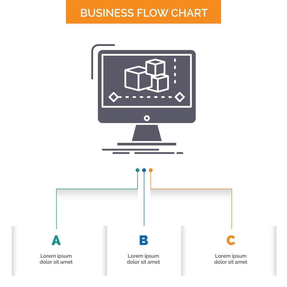 Animation. computer. editor. monitor. software Business Flow Chart Design with 3 Steps. Glyph Icon For Presentation Background Template Place for text. vector