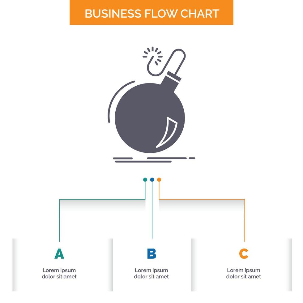 Bomb. boom. danger. ddos. explosion Business Flow Chart Design with 3 Steps. Glyph Icon For Presentation Background Template Place for text. vector