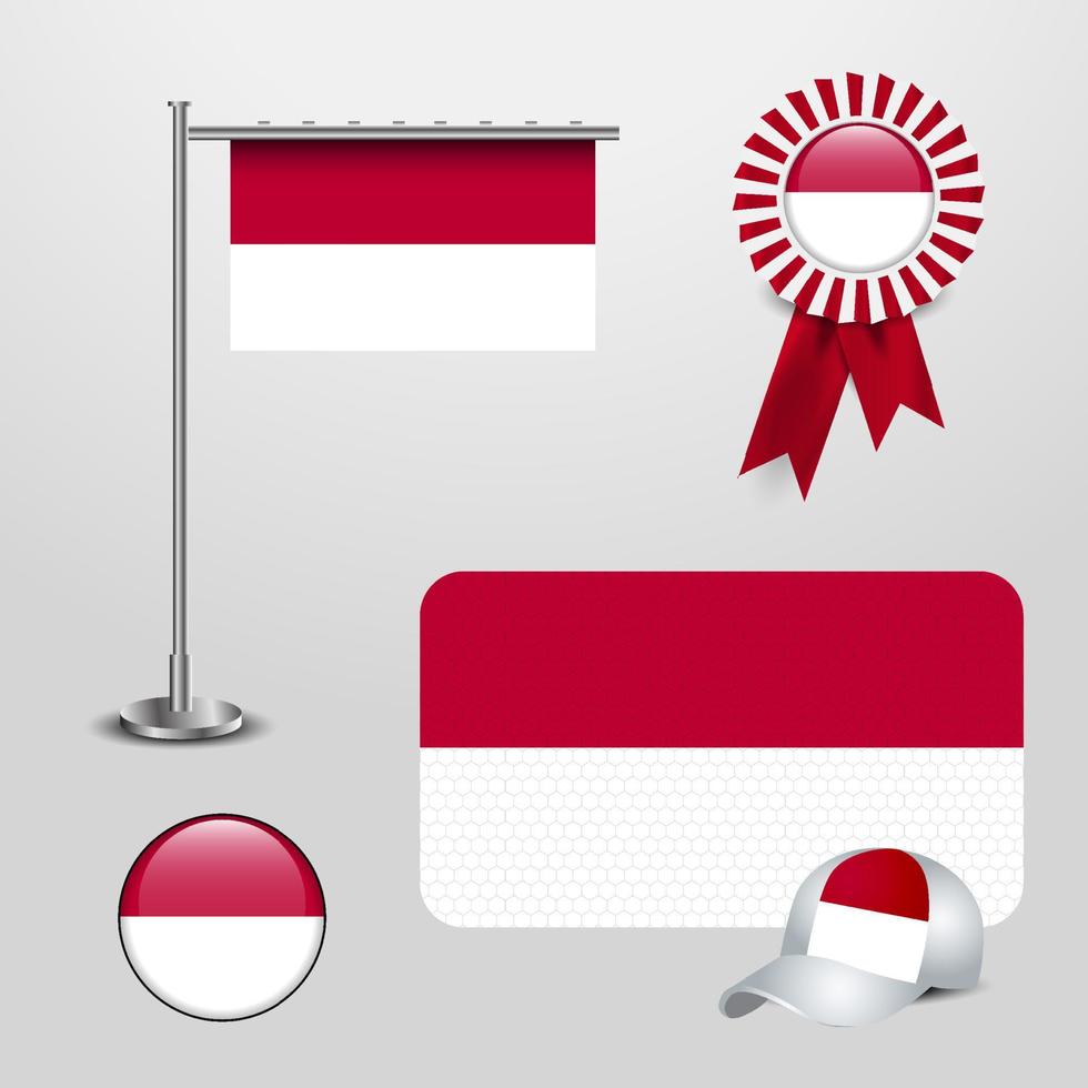 bandera de país de indonesia colgada en el poste. bandera de la insignia de la cinta. gorra deportiva y botón redondo vector