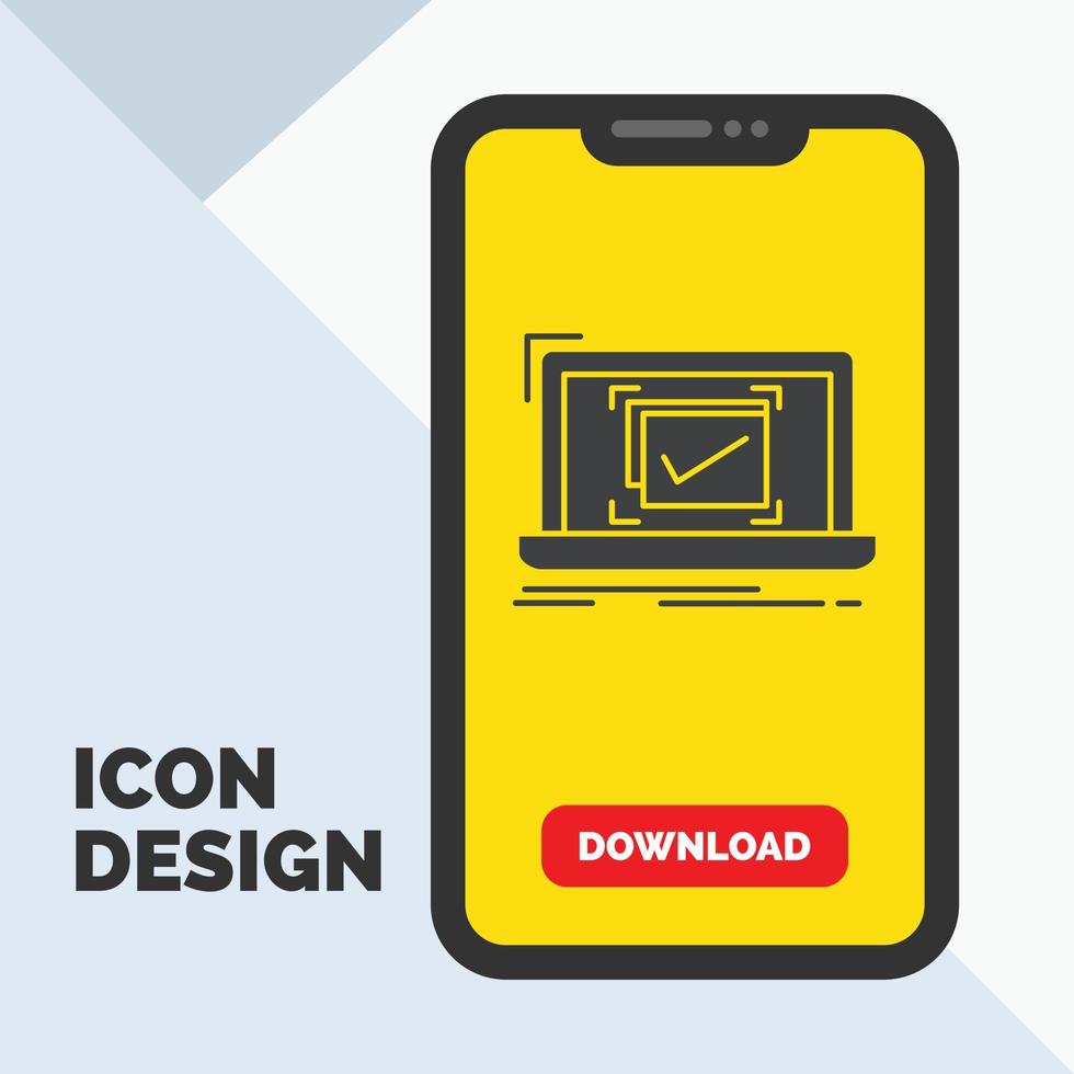 system. monitoring. checklist. Good. OK Glyph Icon in Mobile for Download Page. Yellow Background vector