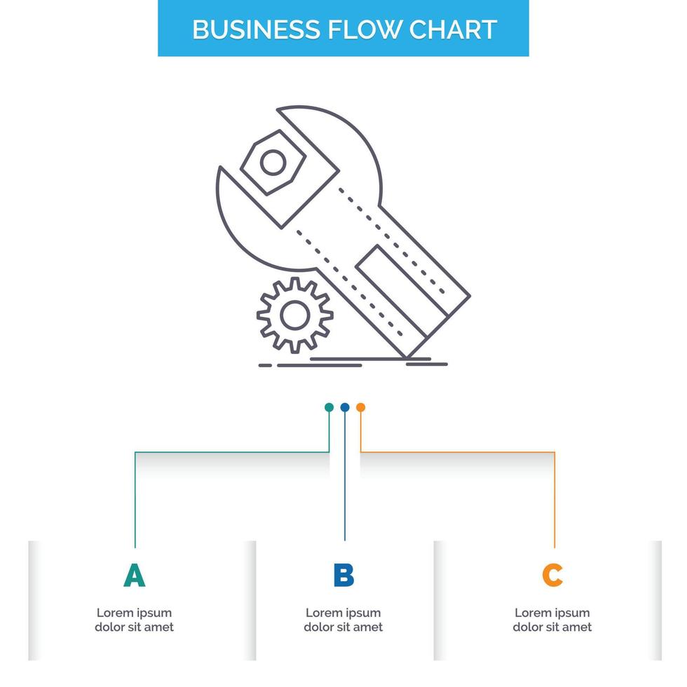 ajustes. aplicación instalación. mantenimiento. diseño de diagrama de flujo de negocio de servicio con 3 pasos. icono de línea para el lugar de plantilla de fondo de presentación para texto vector