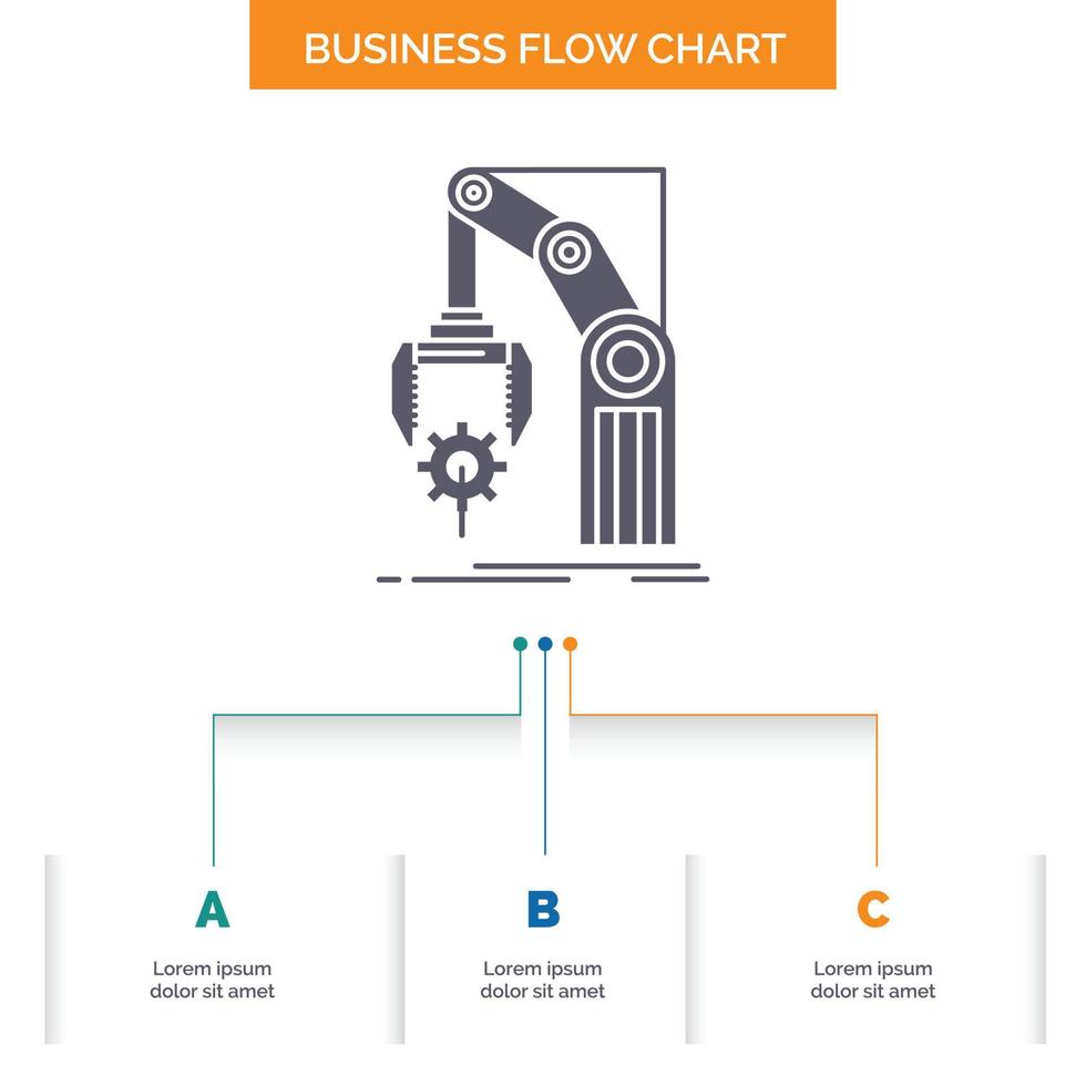 automatización. fábrica. mano. mecanismo. paquete de diseño de diagrama de flujo de negocios con 3 pasos. icono de glifo para el lugar de plantilla de fondo de presentación para texto. vector