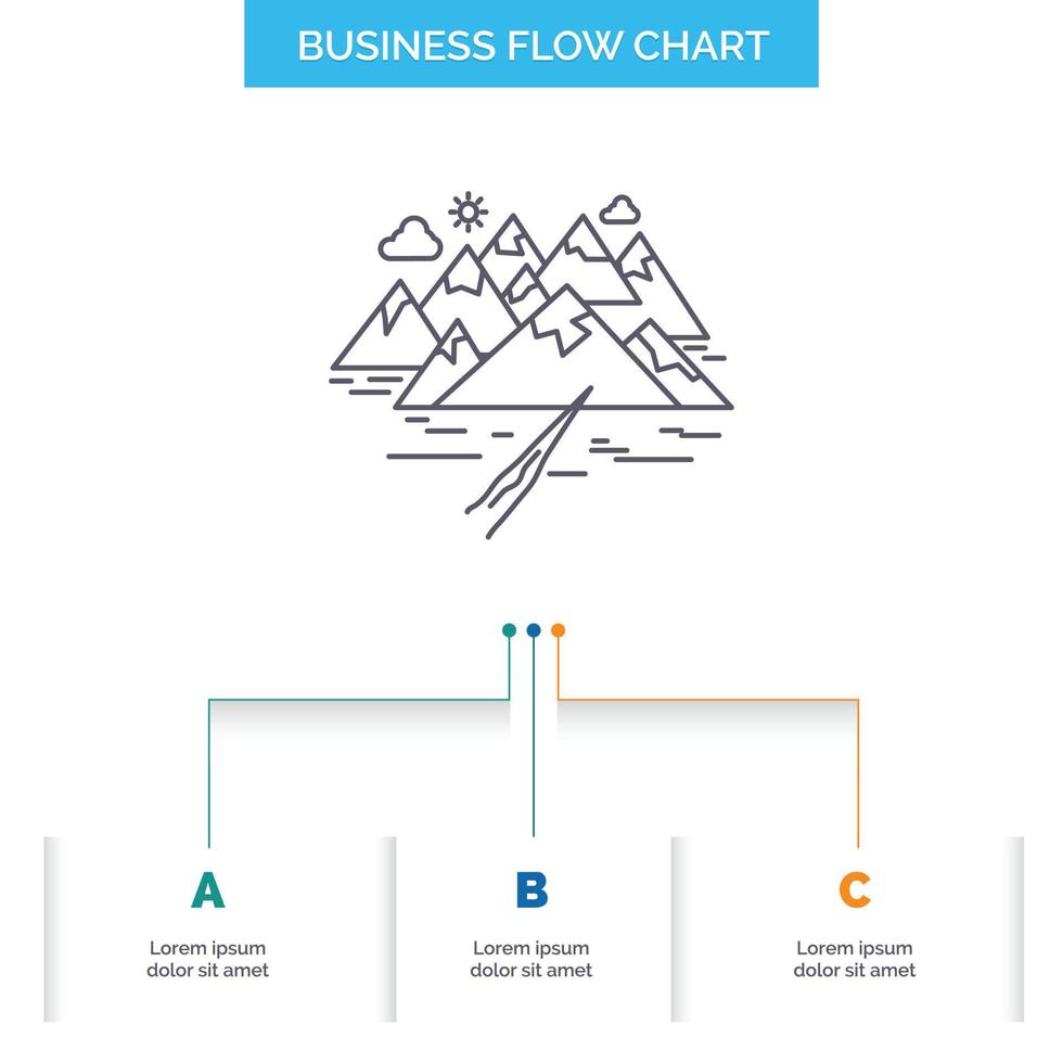 Mountain. hill. landscape. rocks. crack Business Flow Chart Design with 3 Steps. Line Icon For Presentation Background Template Place for text vector
