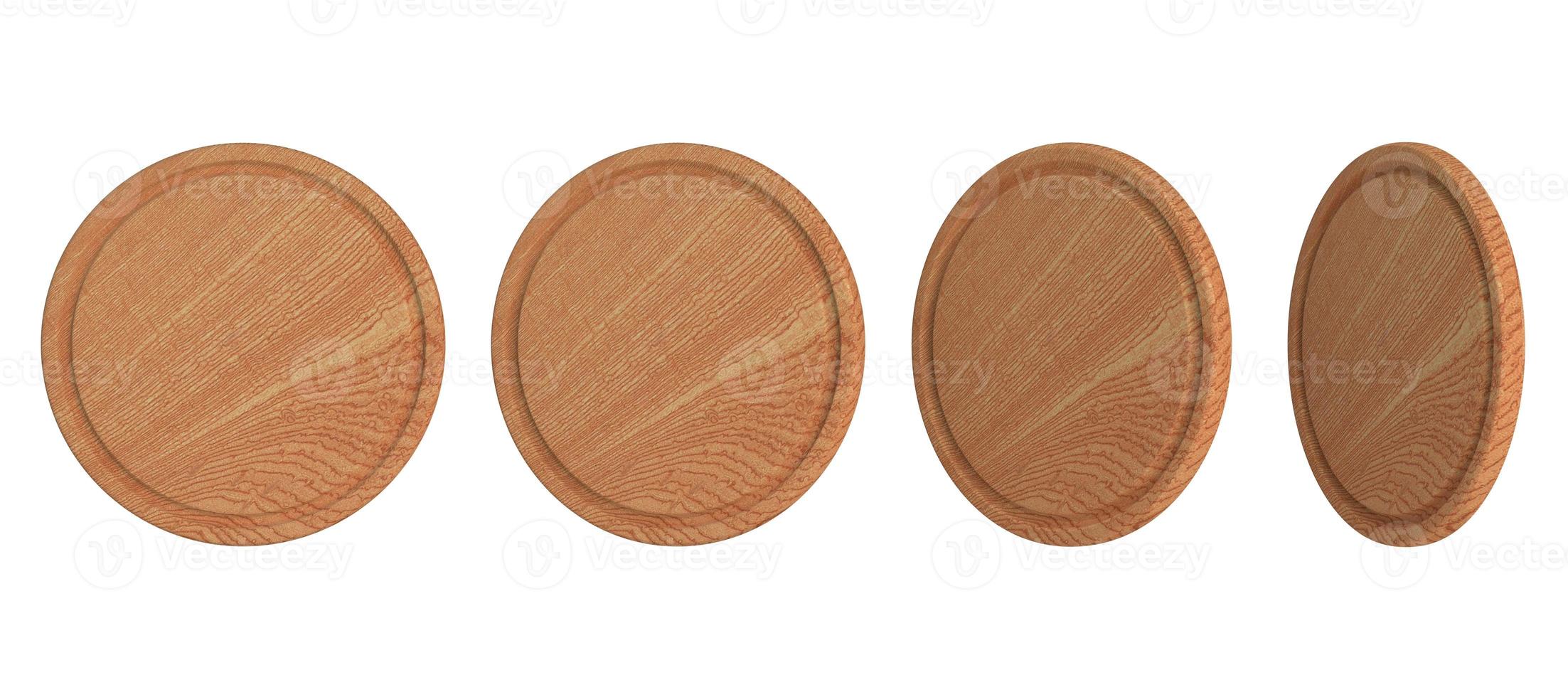 conjunto de tablas de cortar redondas en diferentes posiciones, aisladas en un fondo blanco. foto