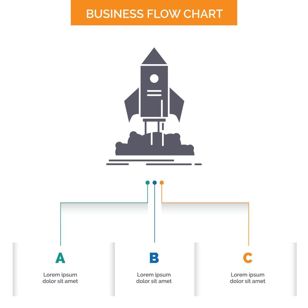 launch. startup. ship. shuttle. mission Business Flow Chart Design with 3 Steps. Glyph Icon For Presentation Background Template Place for text. vector