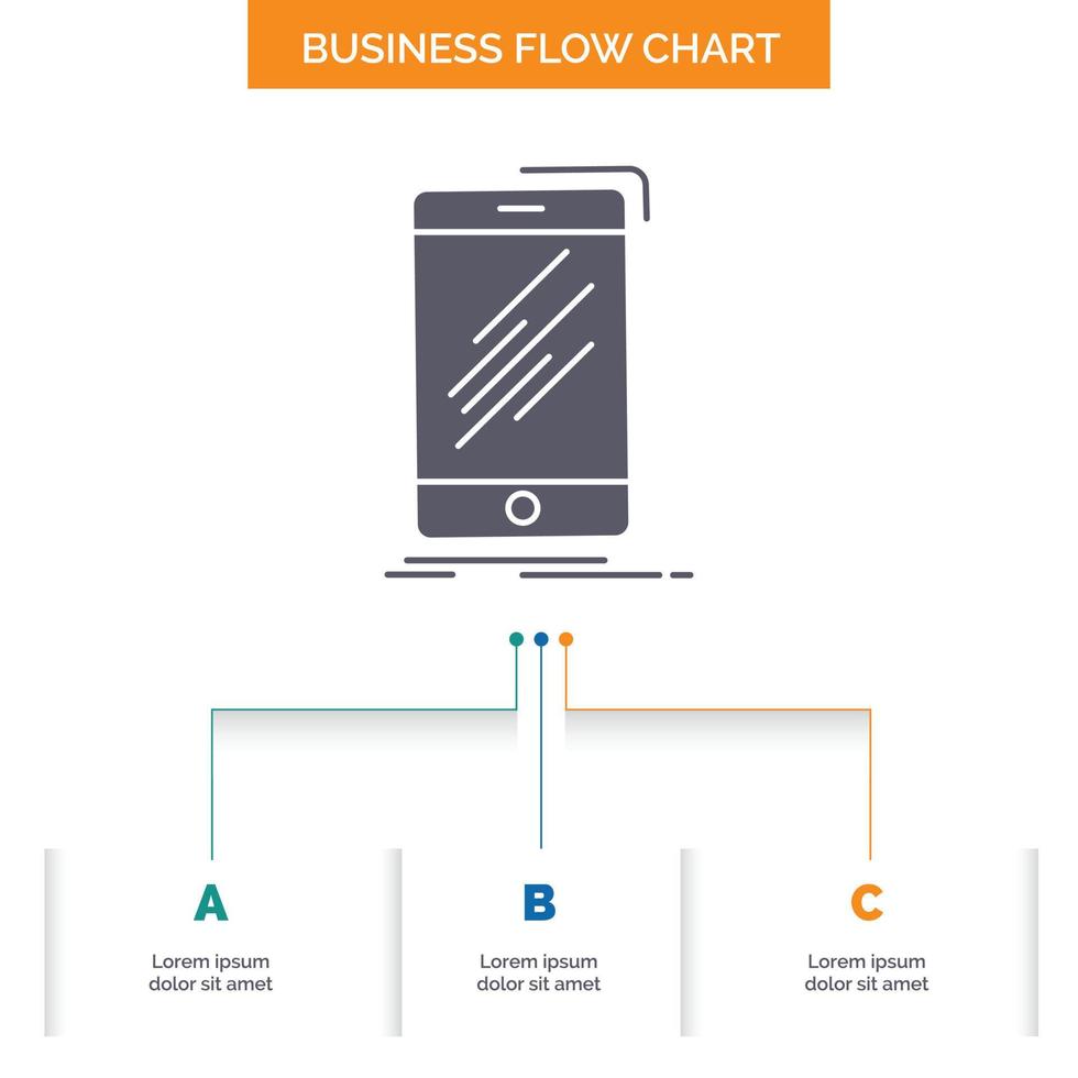 dispositivo. móvil. teléfono. teléfono inteligente diseño de diagrama de flujo de negocios telefónicos con 3 pasos. icono de glifo para el lugar de plantilla de fondo de presentación para texto. vector