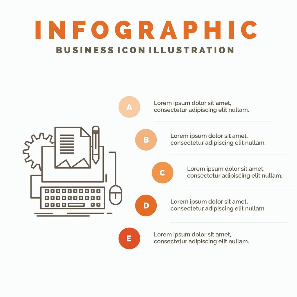 escritor de tipos. papel. computadora. papel. plantilla de infografía de teclado para sitio web y presentación. icono de línea gris con ilustración de vector de estilo infográfico naranja