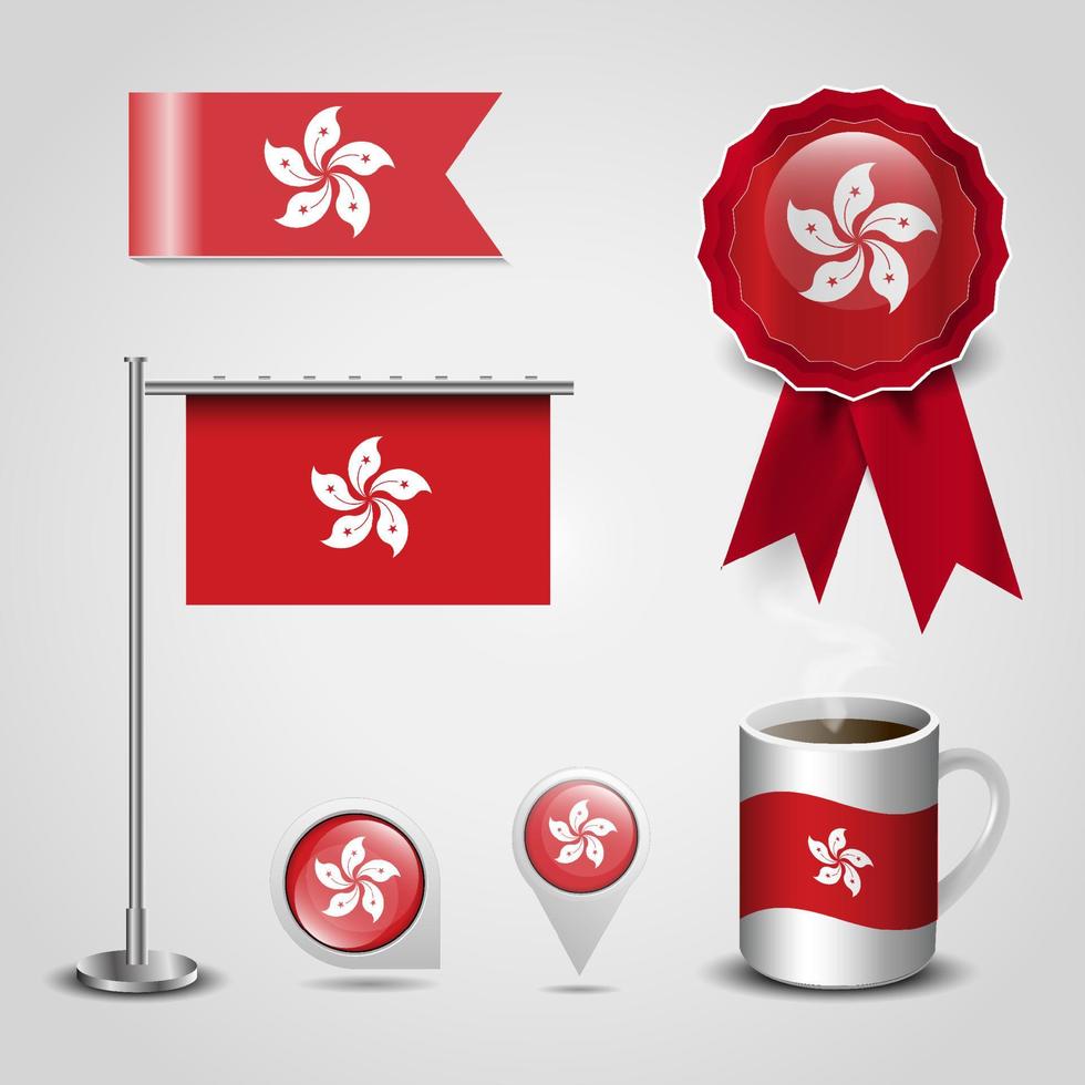 lugar de la bandera del país de hong kong en el pin del mapa. poste de acero y banner de insignia de cinta vector