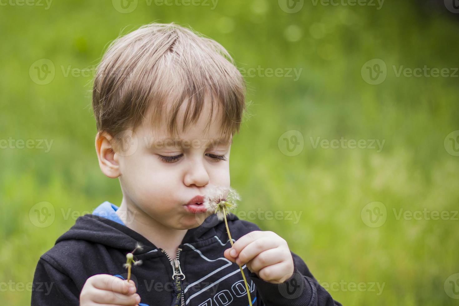 A happy boy on a spring day in the garden blows on white dandelions, fluff flies off him. The concept of outdoor recreation in childhood. Portrait of a cute boy. photo