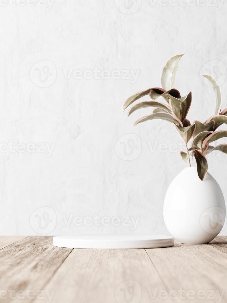Podio de exhibición de cerámica 3d con planta en jarrón sobre suelo de madera contra pared blanca. Representación 3D de presentación realista para publicidad de productos. ilustración 3d foto