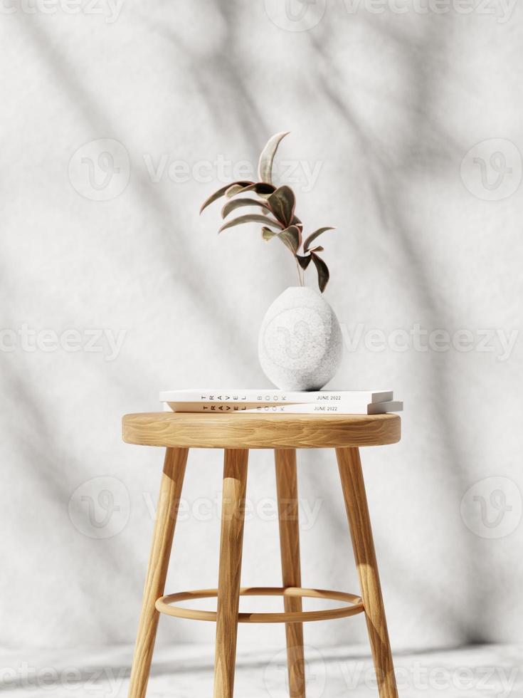 Silla de madera 3d con planta en jarrón y libros blancos contra pared de hormigón blanco. Representación 3D de presentación realista para publicidad de productos. ilustración 3d foto