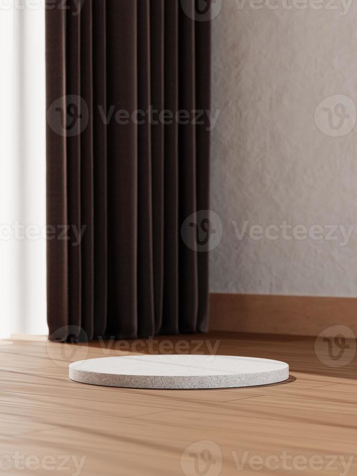3d minimal display podium on wood floor against white concrete wall and curtain. 3d rendering of realistic presentation for product advertising. 3d minimal illustration. photo