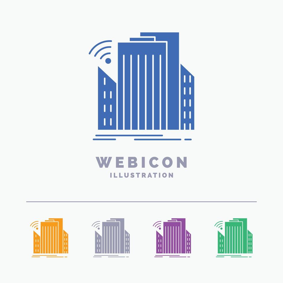 edificios ciudad. sensor. inteligente. plantilla de icono web de glifo de color urbano de 5 colores aislada en blanco. ilustración vectorial vector