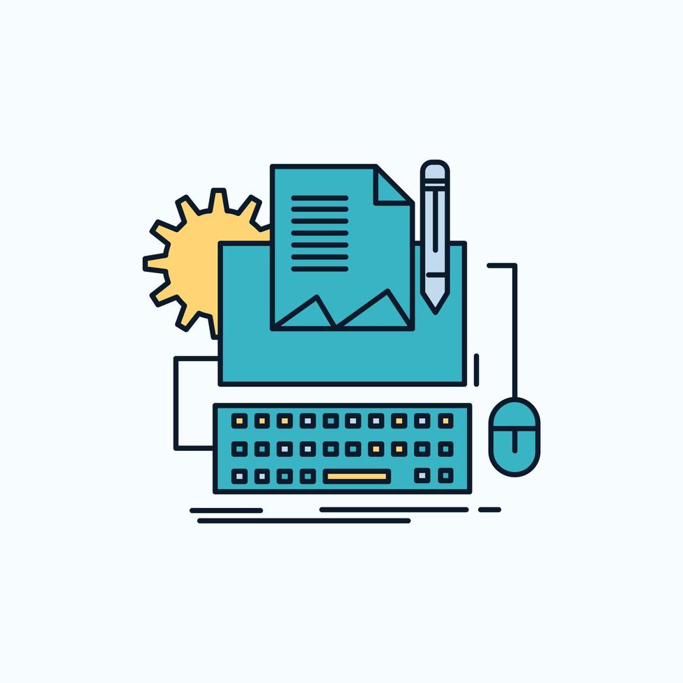 Type Writer. paper. computer. paper. keyboard Flat Icon. green and Yellow sign and symbols for website and Mobile appliation. vector illustration