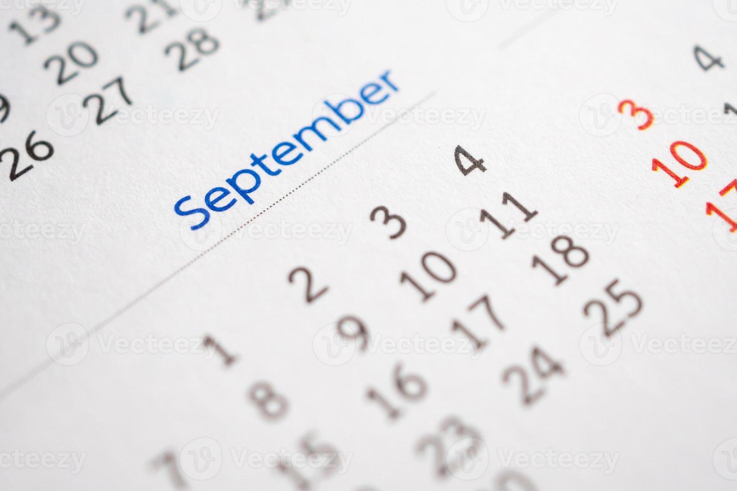 página del calendario de septiembre con meses y fechas concepto de reunión de cita de planificación empresarial foto