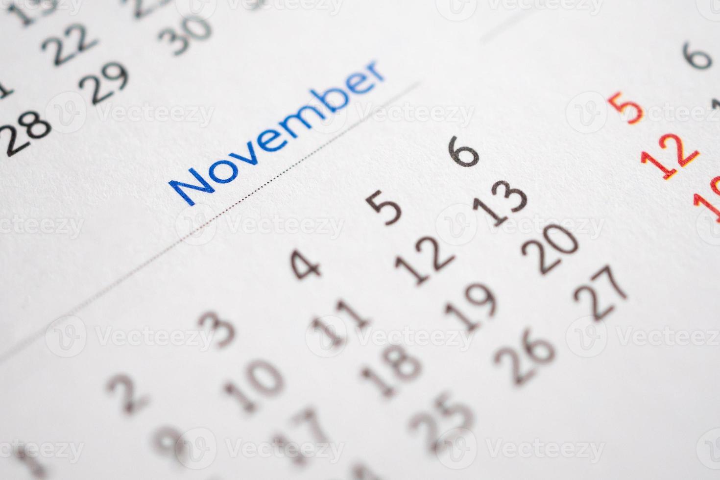 November calendar page with months and dates business planning appointment meeting concept photo