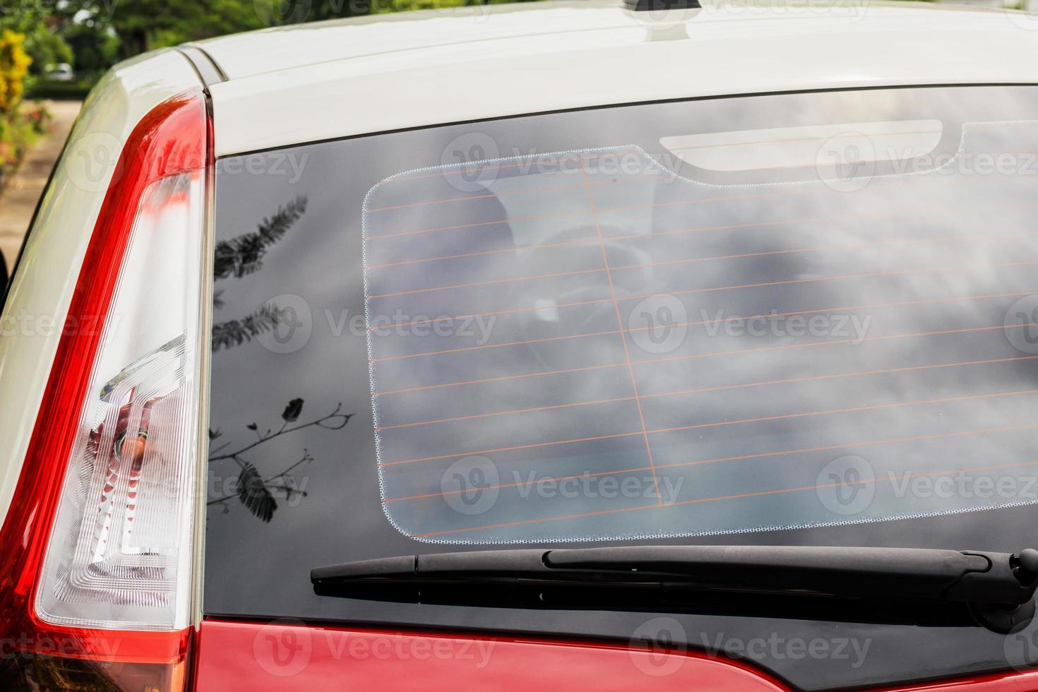 Back view of red car window for sticker mockup photo