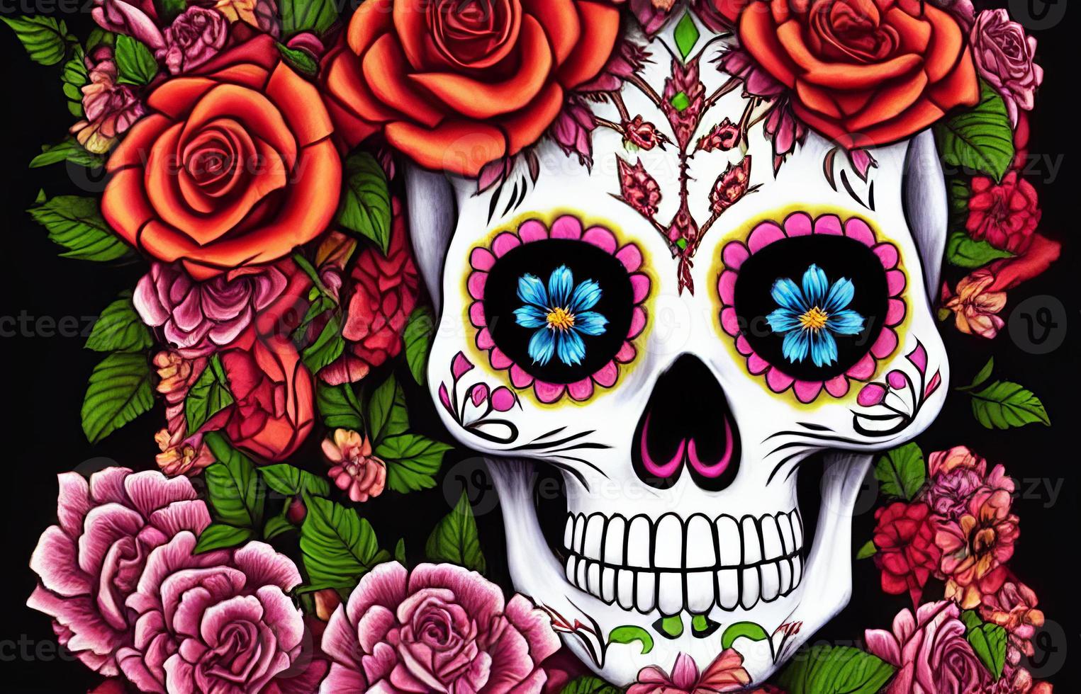 Dia de los muertos traditional calavera sugar skull decorated with flowers the day of the dead illustration photo