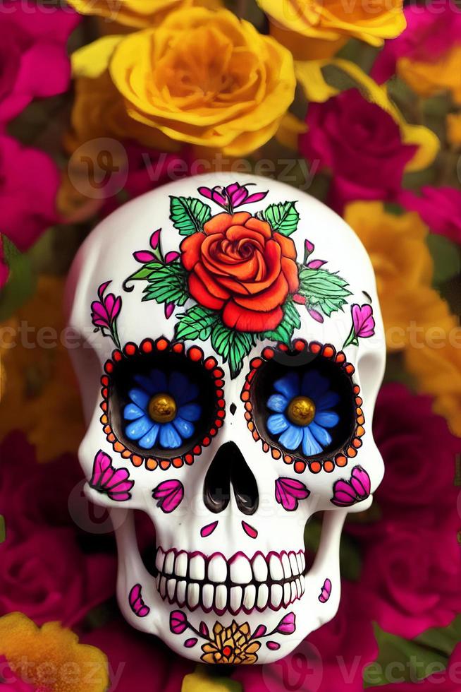 Dia de los muertos traditional calavera sugar skull decorated with flowers the day of the dead illustration photo