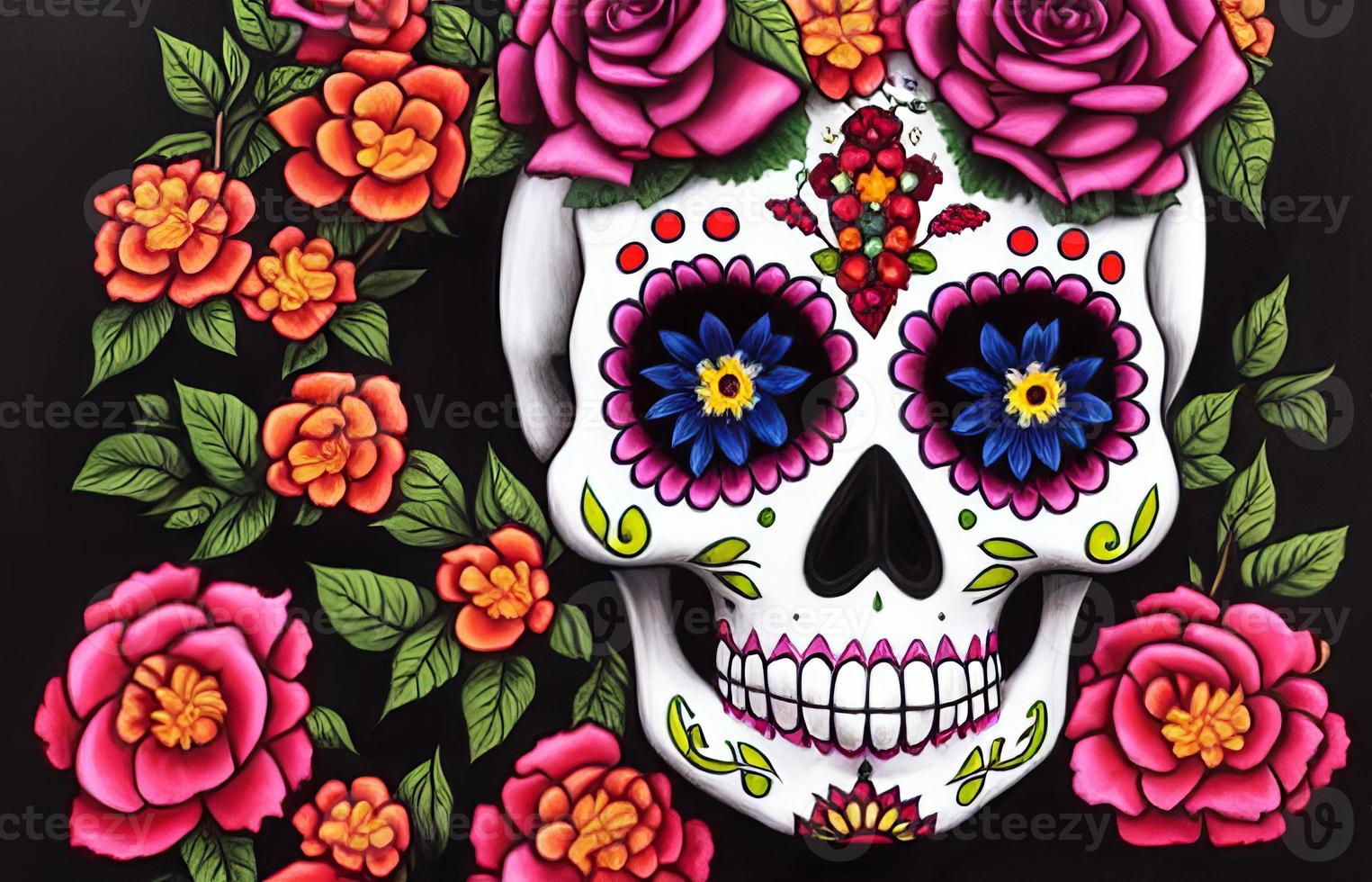 Dia de los muertos traditional calavera sugar skull decorated with flowers the day of the dead illustration photo