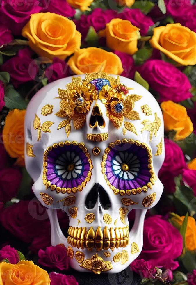 Dia de los muertos traditional calavera sugar skull decorated with flowers the day of the dead illustration photo