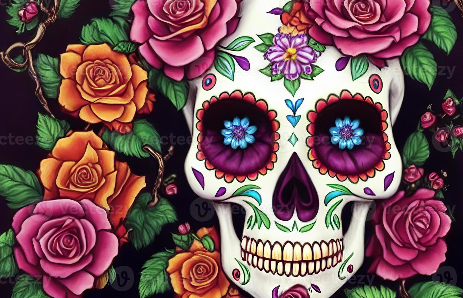 Dia de los muertos traditional calavera sugar skull decorated with flowers the day of the dead illustration photo