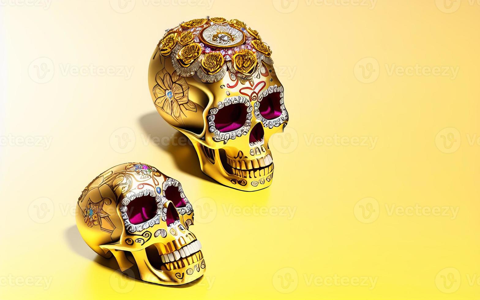 dia de los muertos gold skull decorated with flowers the day of the dead 3d illustration photo