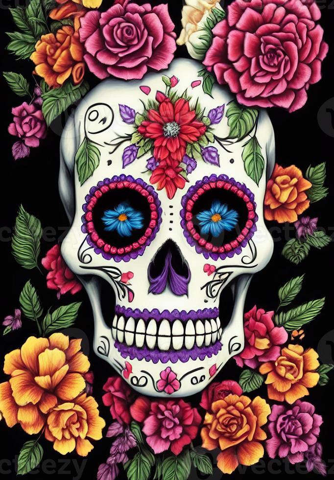 Dia de los muertos traditional calavera sugar skull decorated with flowers the day of the dead illustration photo