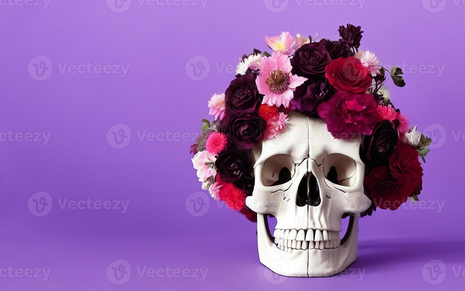 Skull with flowers spooky creative for dia de los muertos day of the dead halloween photo