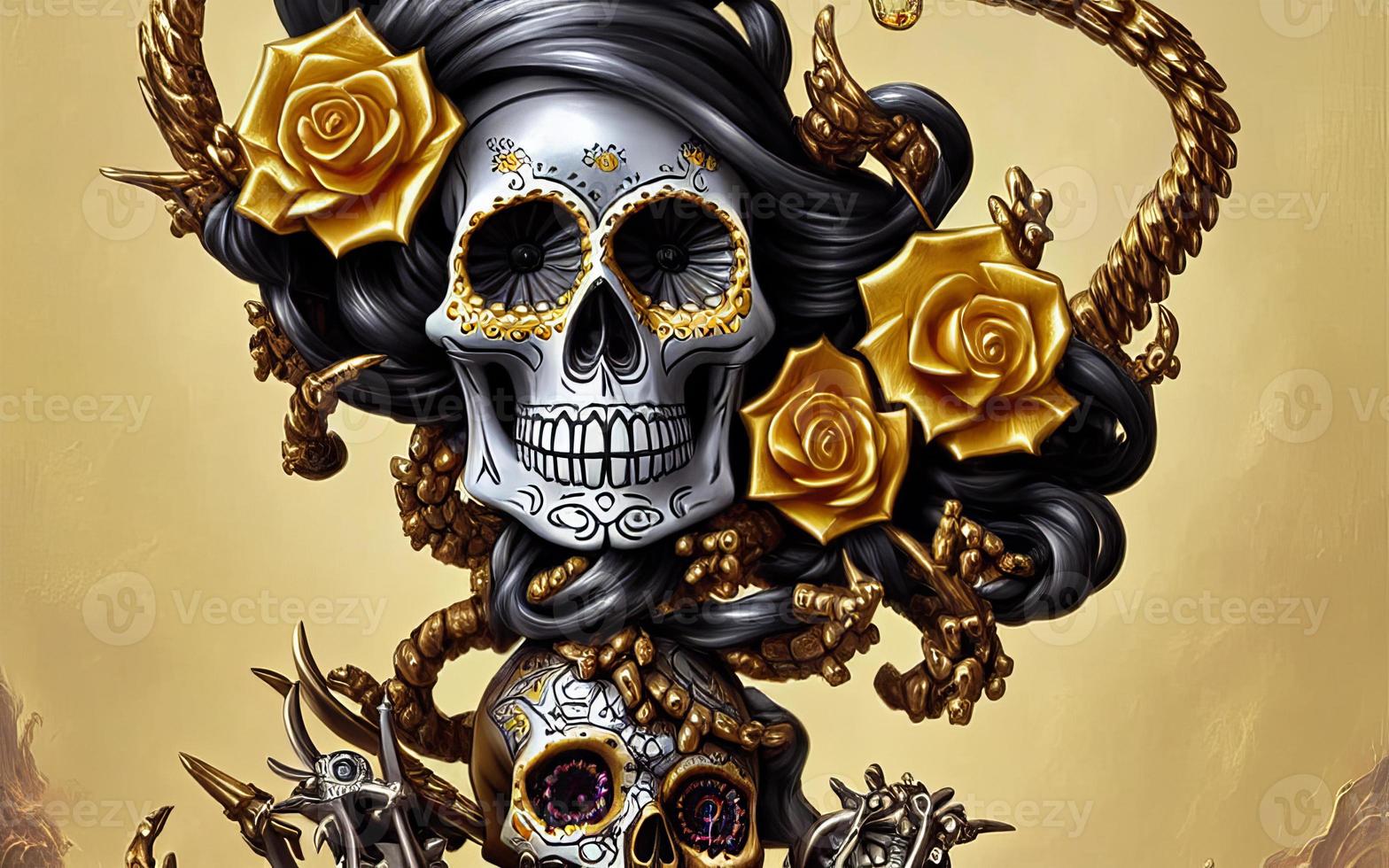 Skull made of gold with flowers  and vines spooky background for day of the dead photo