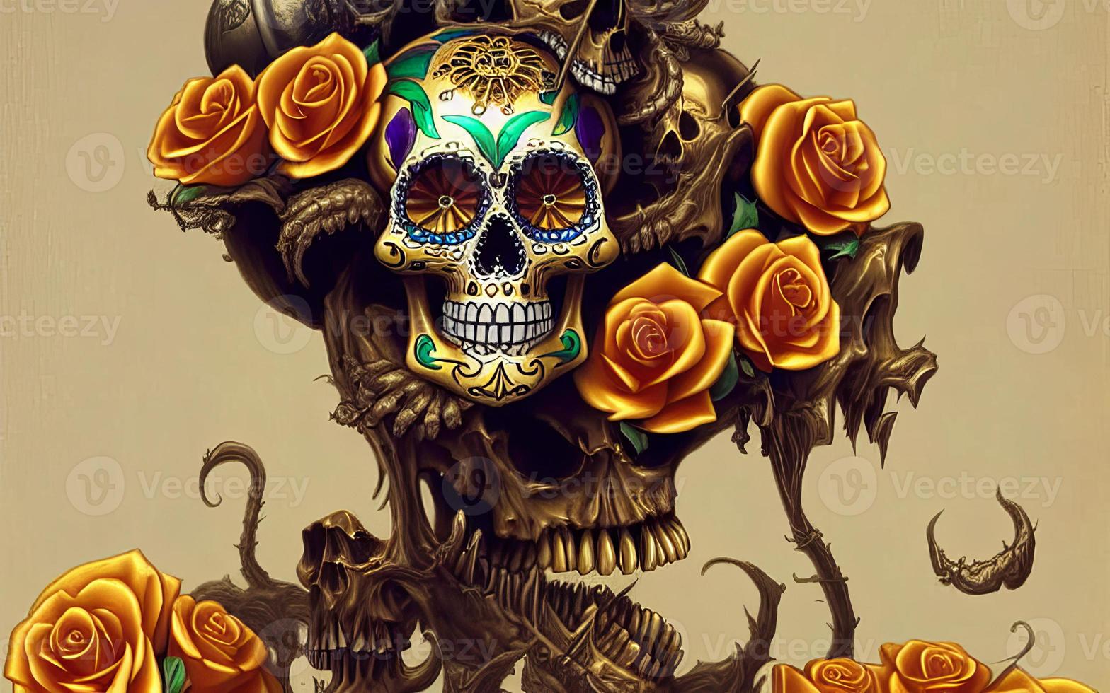 Skull made of gold with flowers  and vines spooky background for day of the dead photo