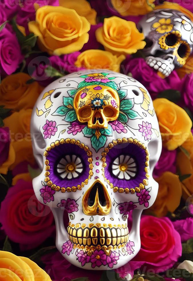 Dia de los muertos traditional calavera sugar skull decorated with flowers the day of the dead illustration photo