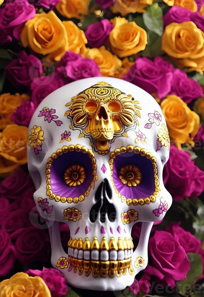 Dia de los muertos traditional calavera sugar skull decorated with flowers the day of the dead illustration photo