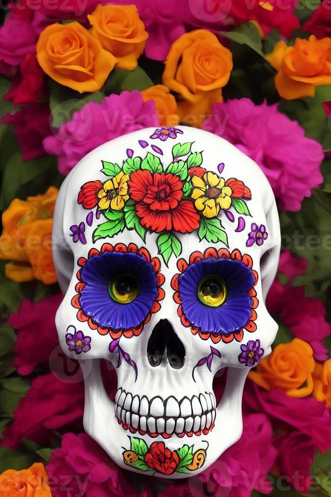 Dia de los muertos traditional calavera sugar skull decorated with flowers the day of the dead illustration photo