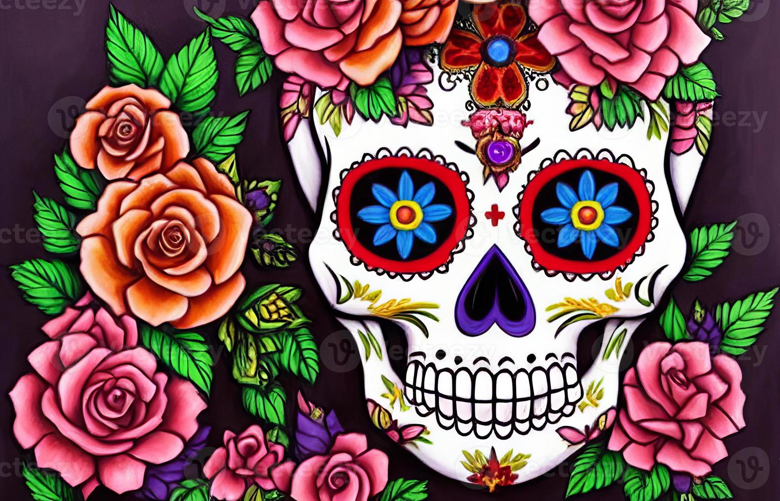 Dia de los muertos traditional calavera sugar skull decorated with flowers the day of the dead illustration photo