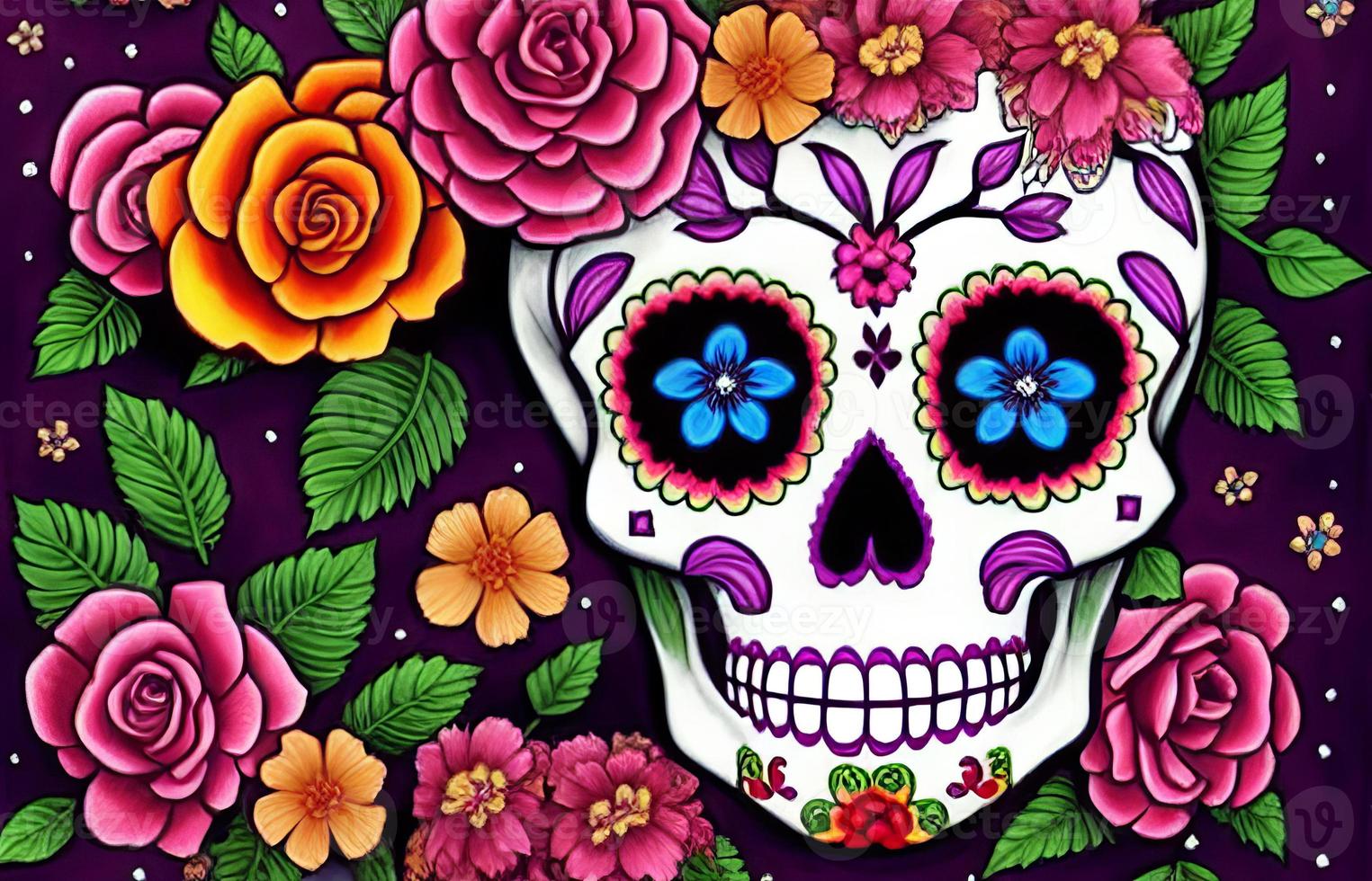 Dia de los muertos traditional calavera sugar skull decorated with flowers the day of the dead illustration photo