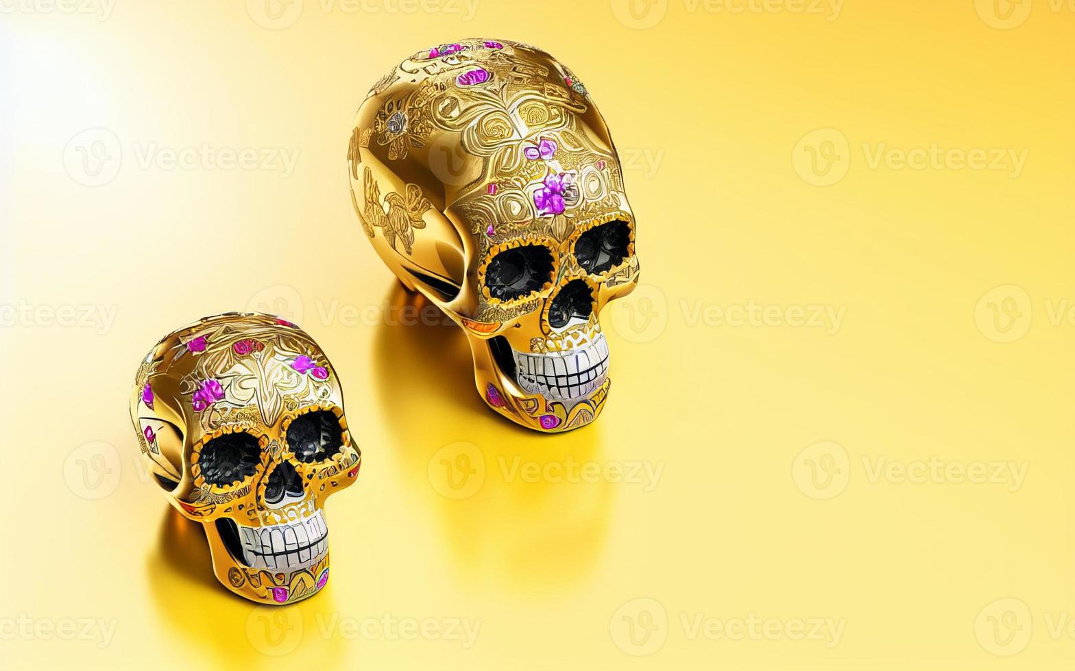 dia de los muertos gold skull decorated with flowers the day of the dead 3d illustration photo