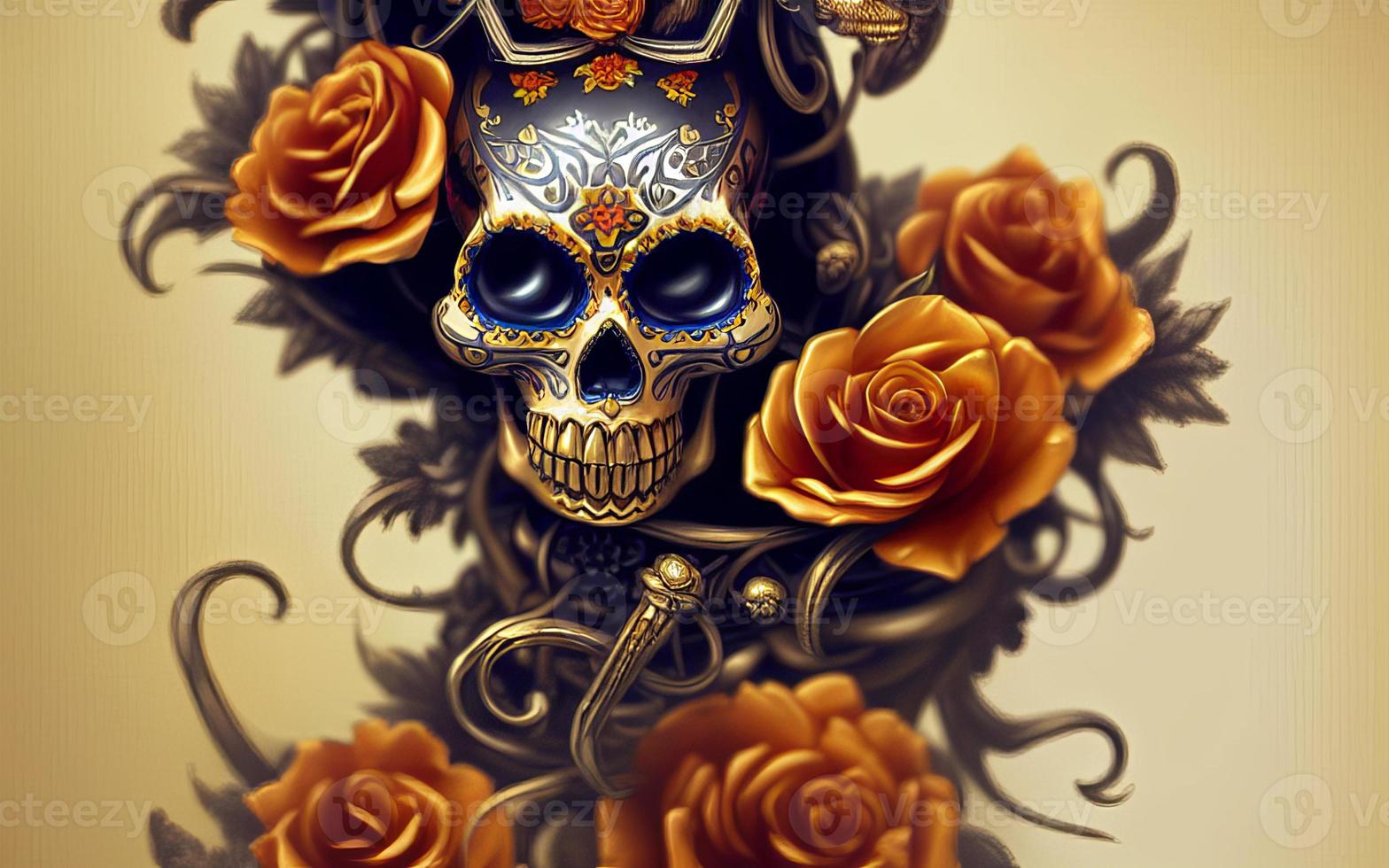 Skull made of gold with flowers  and vines spooky background for day of the dead photo