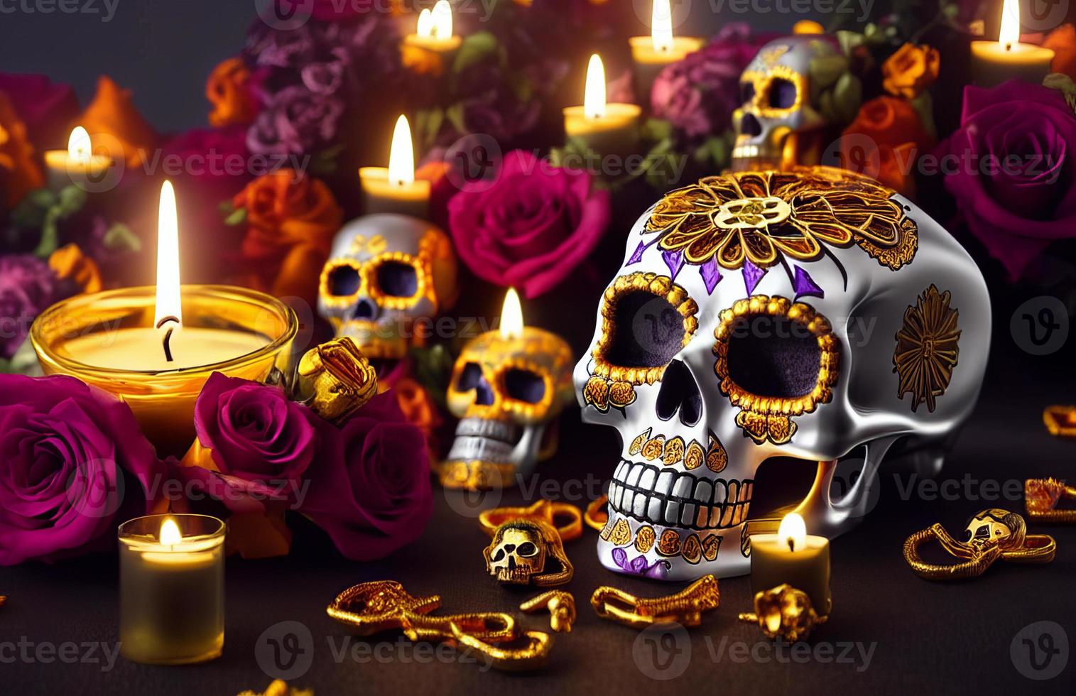 gold skull for dia de los muertos day of the dead with candles and