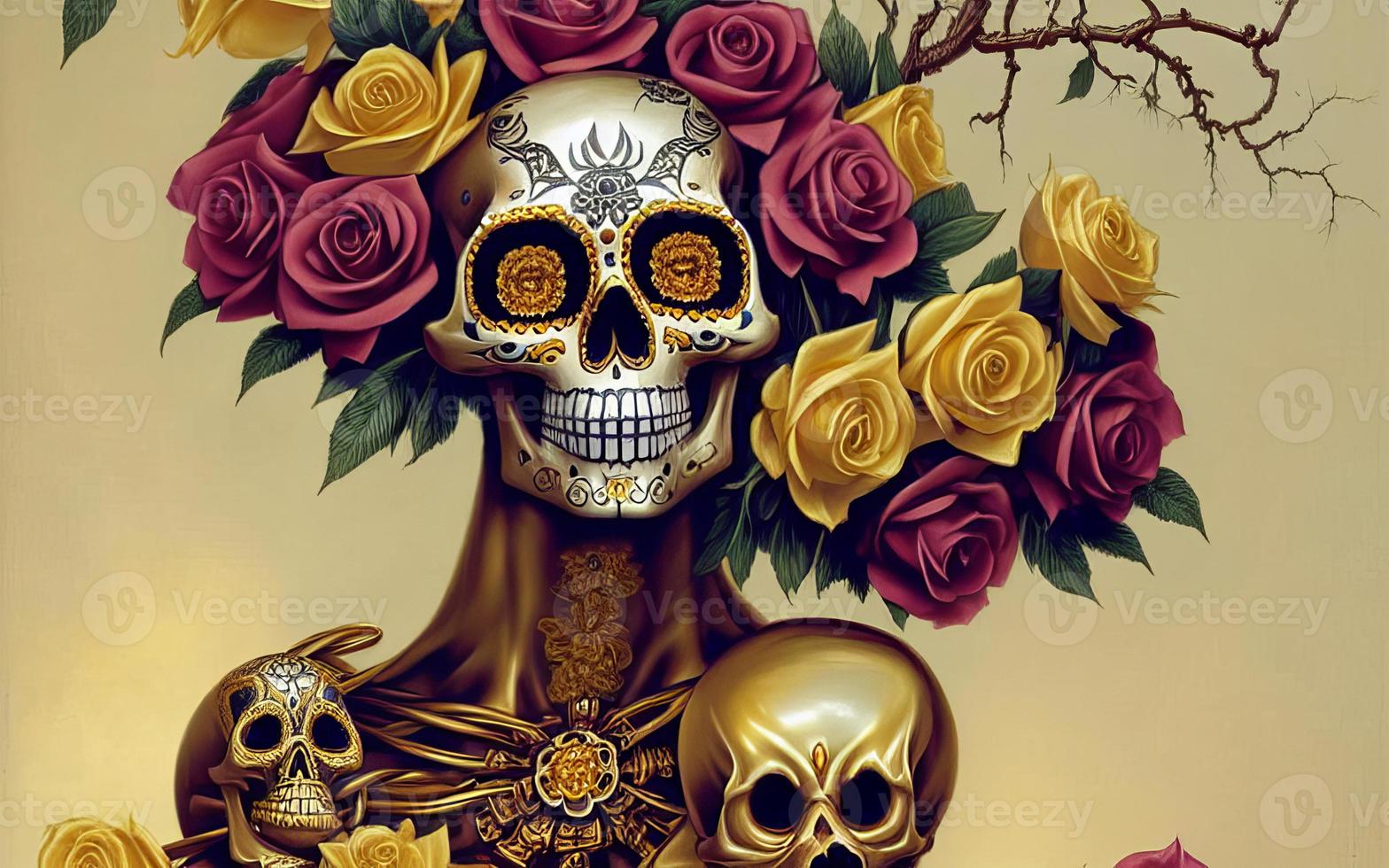 Skull made of gold with flowers  and vines spooky background for day of the dead photo