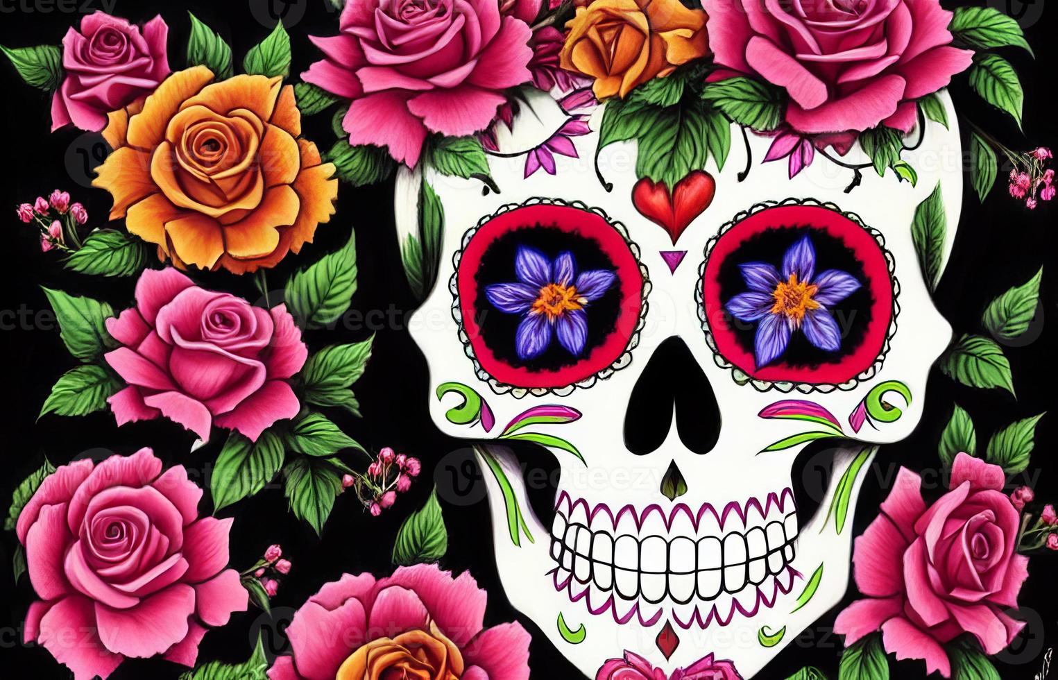 Dia de los muertos traditional calavera sugar skull decorated with flowers the day of the dead illustration photo