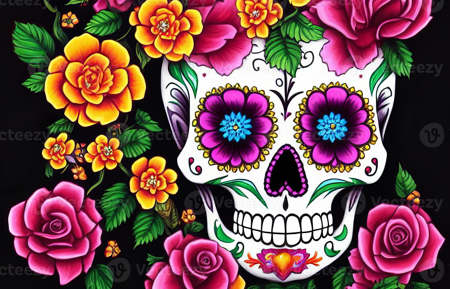 Dia de los muertos traditional calavera sugar skull decorated with flowers the day of the dead illustration photo