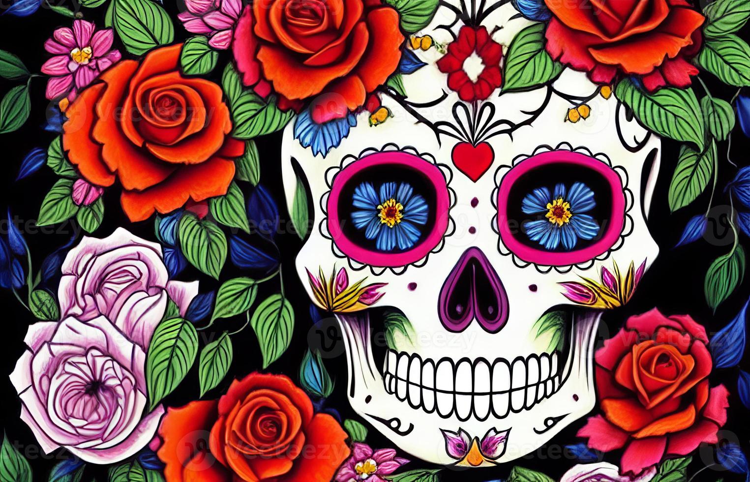 Dia de los muertos traditional calavera sugar skull decorated with flowers the day of the dead illustration photo