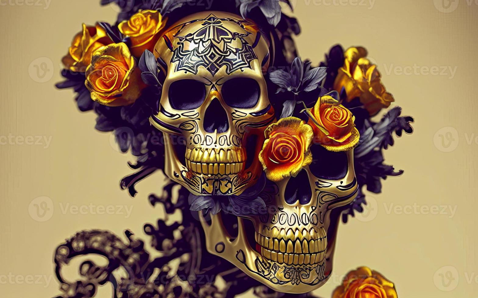 cráneo hecho de oro con flores y vides fondo espeluznante para el día de los muertos foto