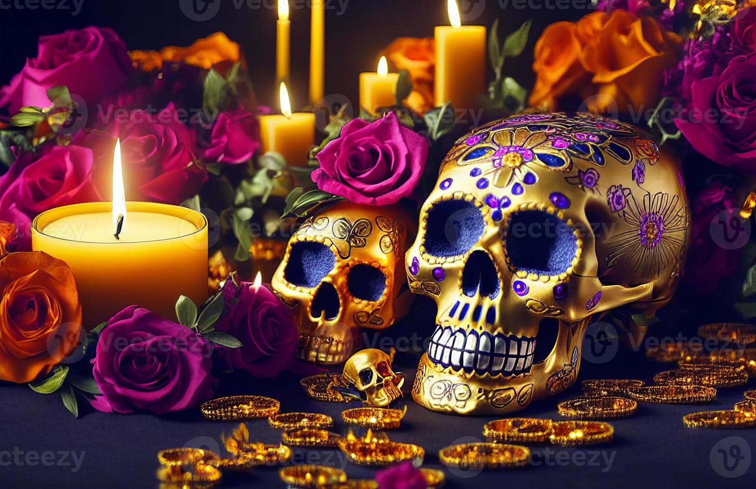 calavera dorada para dia de los muertos - dia de muertos con velas y flores foto